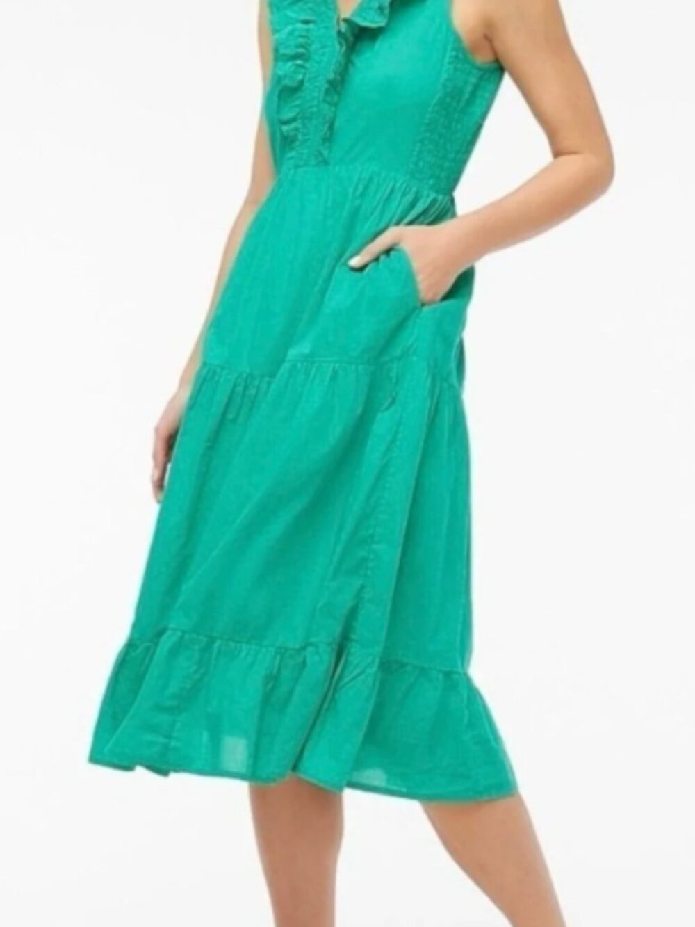 J.Crew Ruffle V-Neck Tiered Midi Dress Green